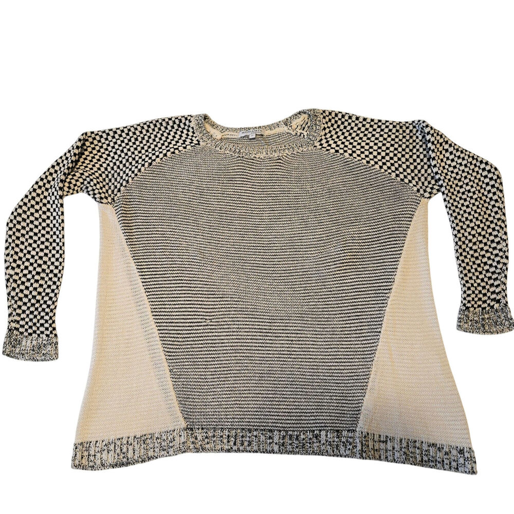 Sz 2X MODAMIX Black Cream Mixed Pattern Long-Slv Crew-Neck Lightweight Sweater